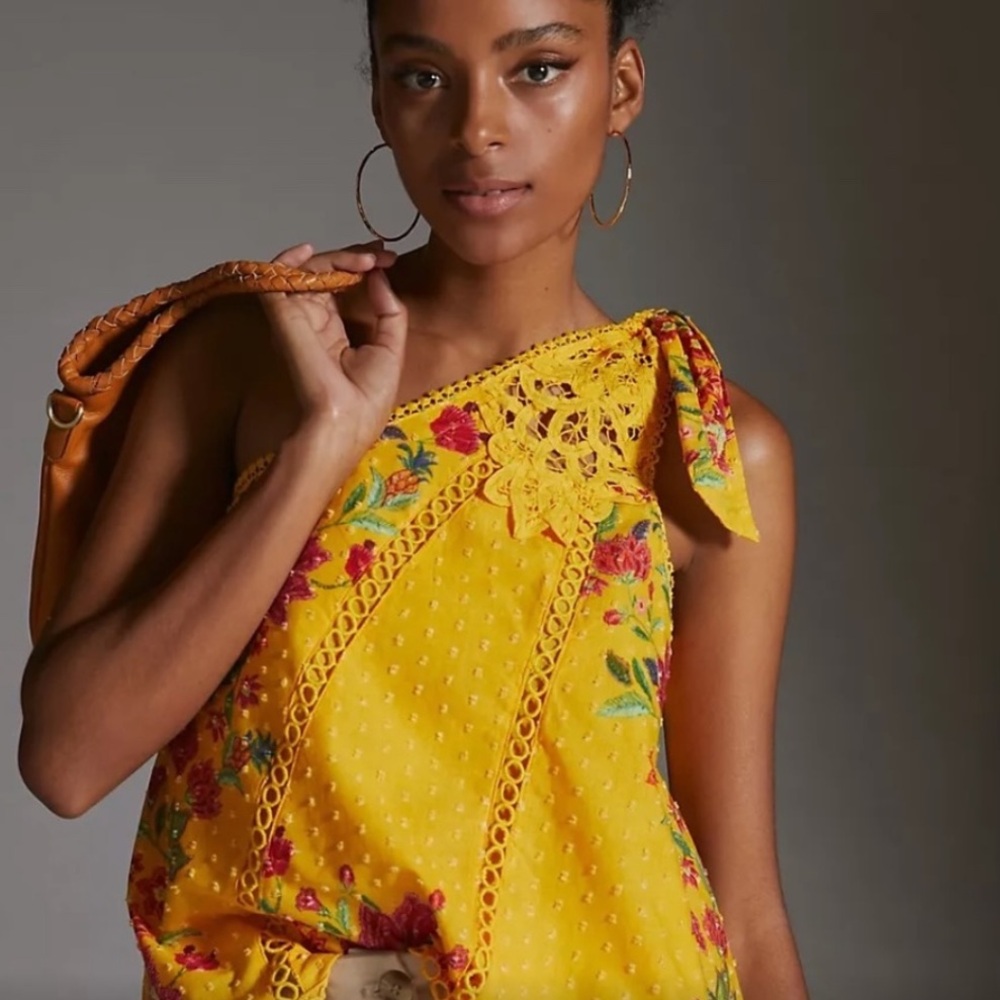 NWT Farm Rio One Shoulder Embroidered Blouse, M